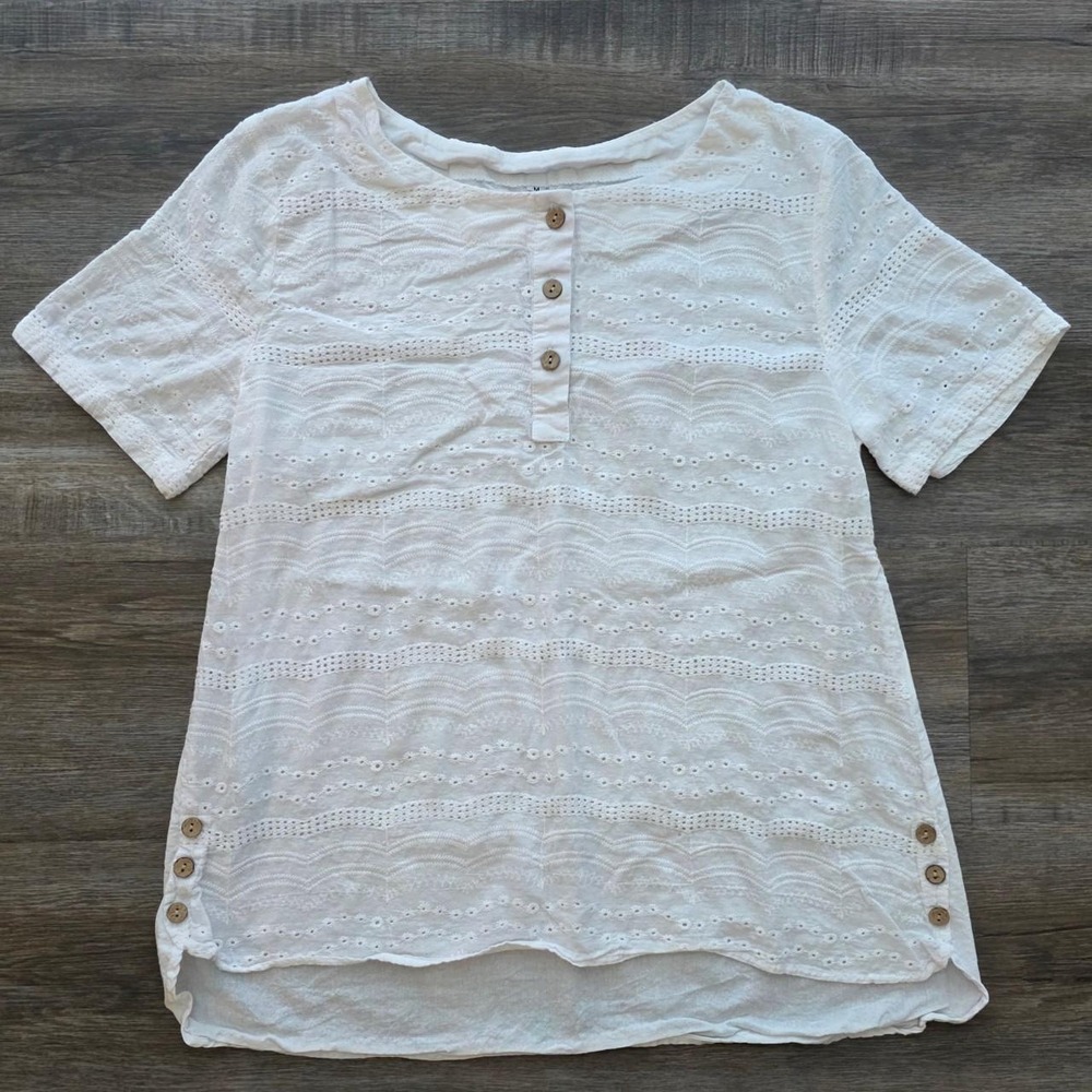 Unbranded White Eyelet Cotton Henley Tunic Top Boho Coastal Medium